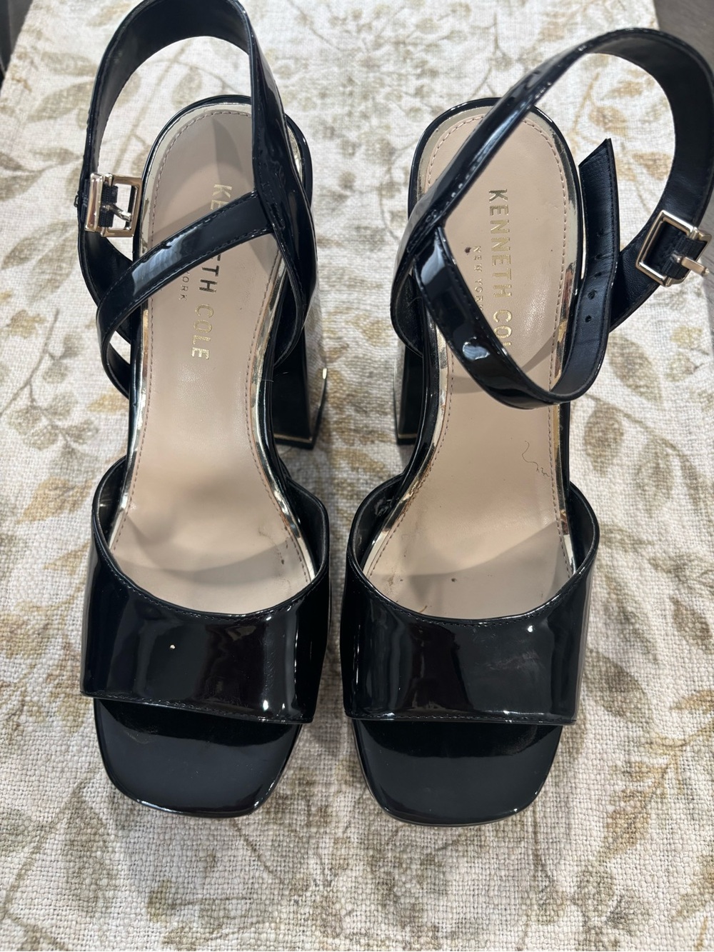 Kenneth Cole Glossy Black Patent Block Heel Sandals with Ankle Strap